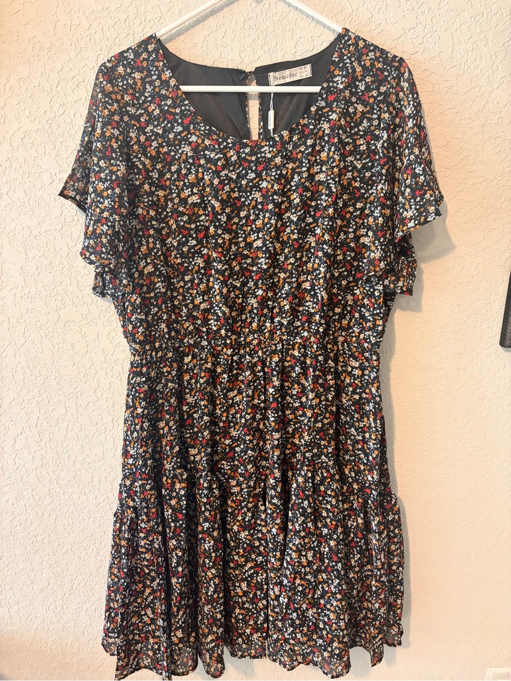 Nemidor Black Floral Ruffle-Sleeve Midi Dress